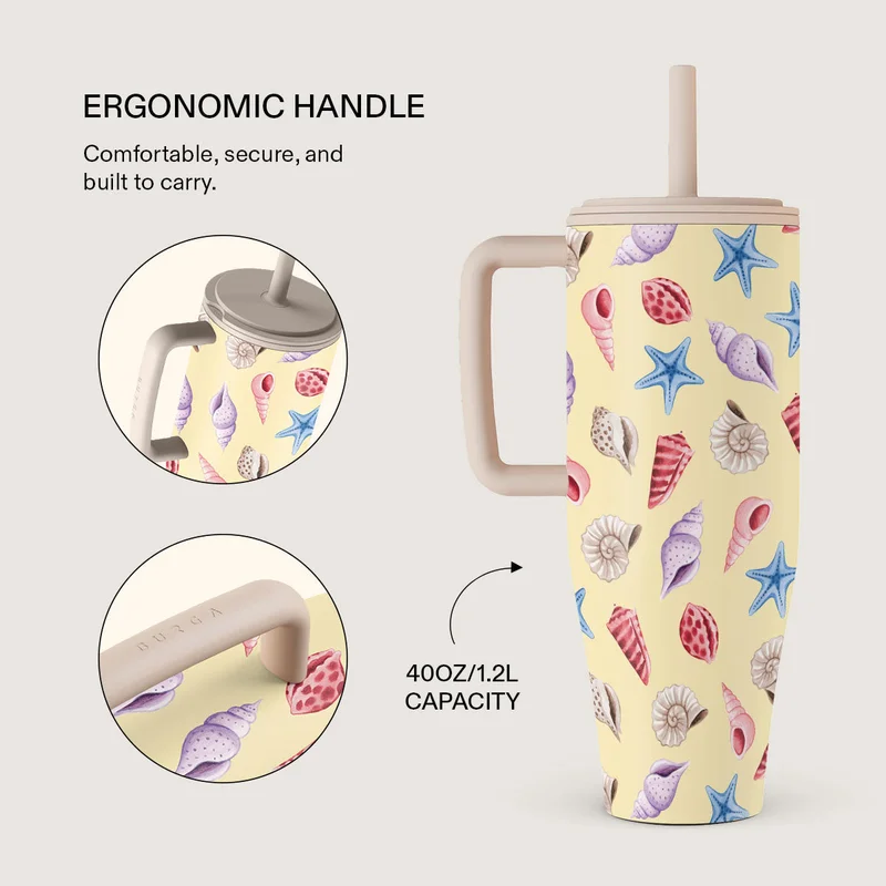 بورجا كوب بورغا المعزول المصنوع من الفولاذ المقاوم للصدأ بسعة 1.2 لتر (40 أونصة) مع مقبض وغطاء مانع للتسرب - كوب سفر مزدوج الجدار معزول بتفريغ الهواء، يحافظ على المشروبات ساخنة لمدة تصل إلى 12 ساعة وباردة طوال اليوم، مناسب لحامل الأكواب وقابل لإعادة الاستخدام.